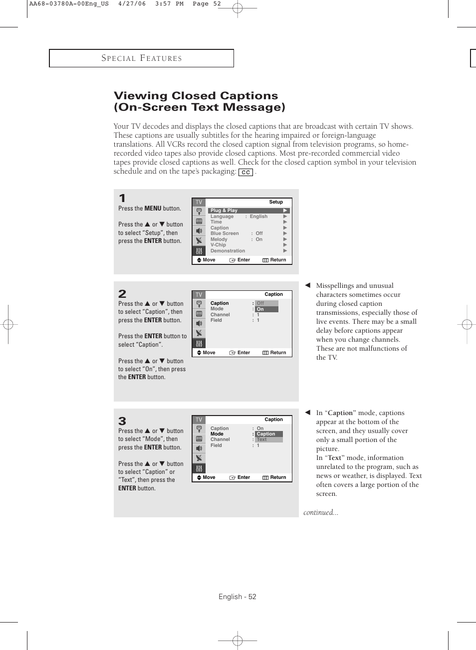 Viewing closed captions(on-screen text message), Viewing closed captions (on-screen text message), Continued | Samsung TXS2040X-XAC User Manual | Page 52 / 60
