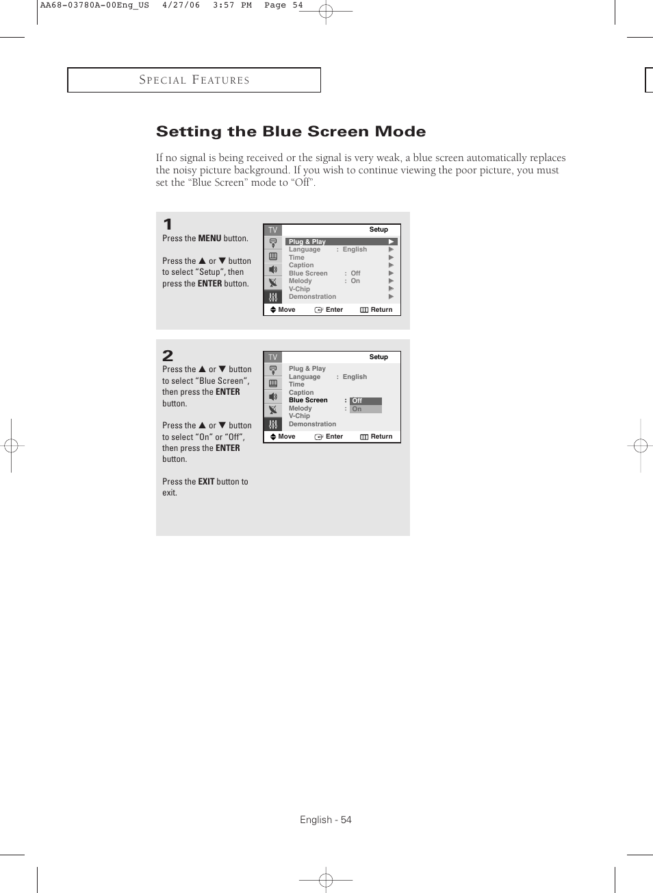 Setting the blue screen mode | Samsung TXS2040X-XAC User Manual | Page 54 / 60