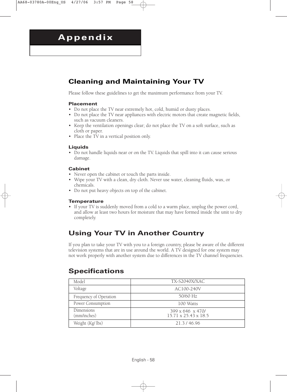 Appendix, Cleaning and maintaining your tv, Using your tv in another country | Specifications | Samsung TXS2040X-XAC User Manual | Page 58 / 60