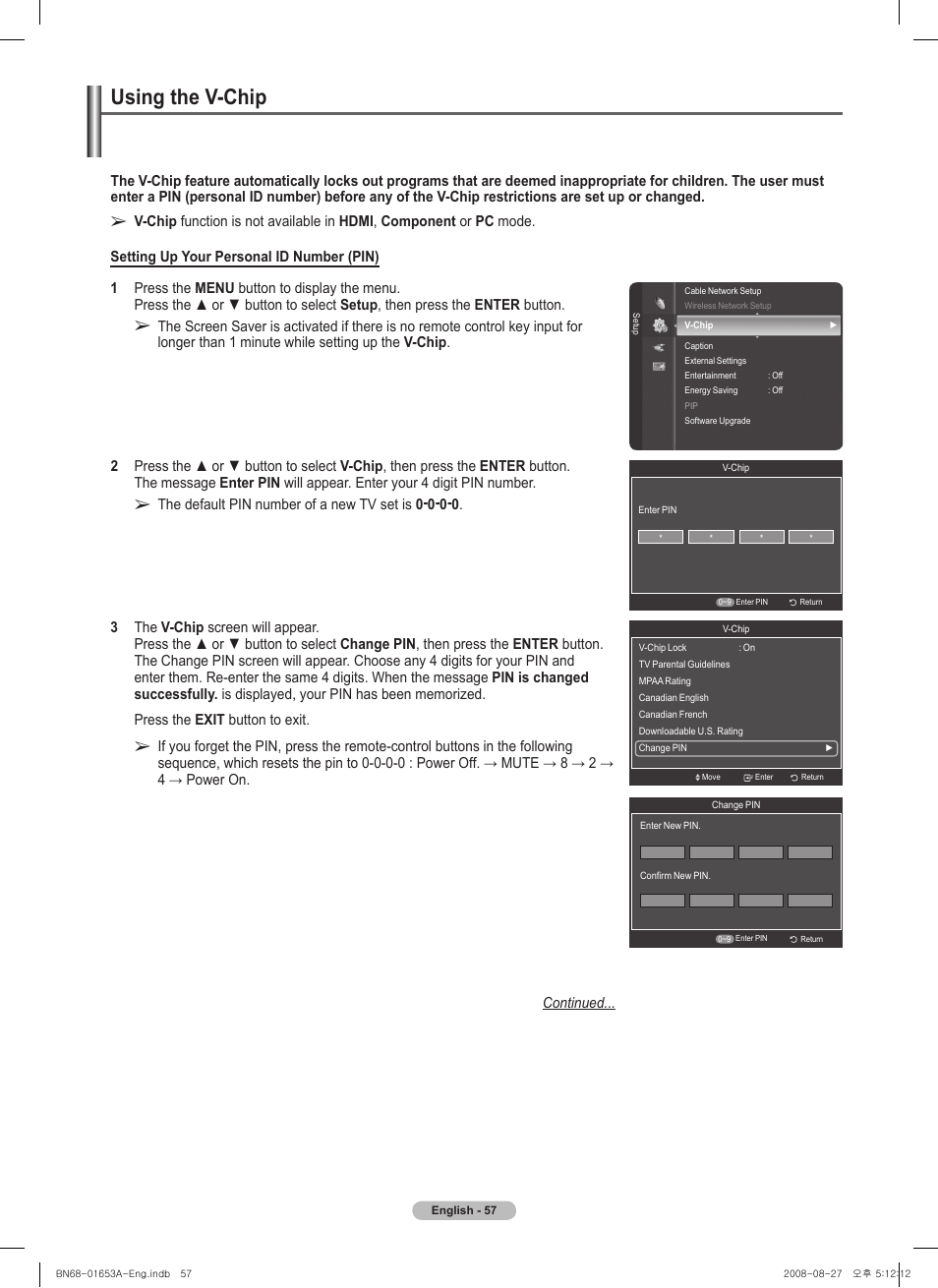 Using the v-chip | Samsung PN63A760T1FXZA User Manual | Page 57 / 282