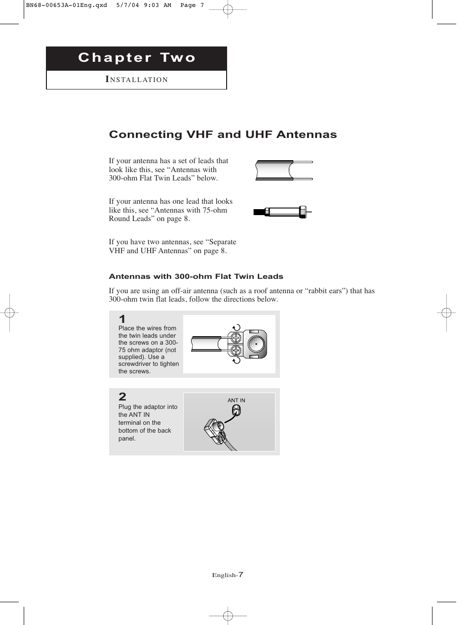 Installation, Connecting vhf and uhf antennas, Antennas with 300-ohm flat twin leads | Samsung LTP326WX-XAC User Manual | Page 10 / 90