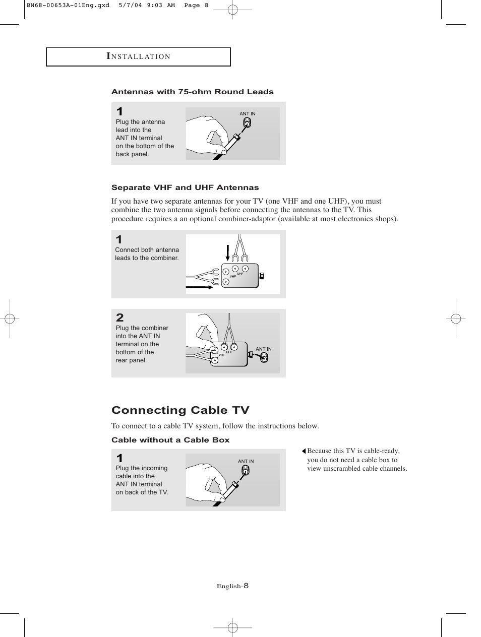 Antennas with 75-ohm round leads, Separate vhf and uhf antennas, Connecting cable tv | Cable without a cable box | Samsung LTP326WX-XAC User Manual | Page 11 / 90