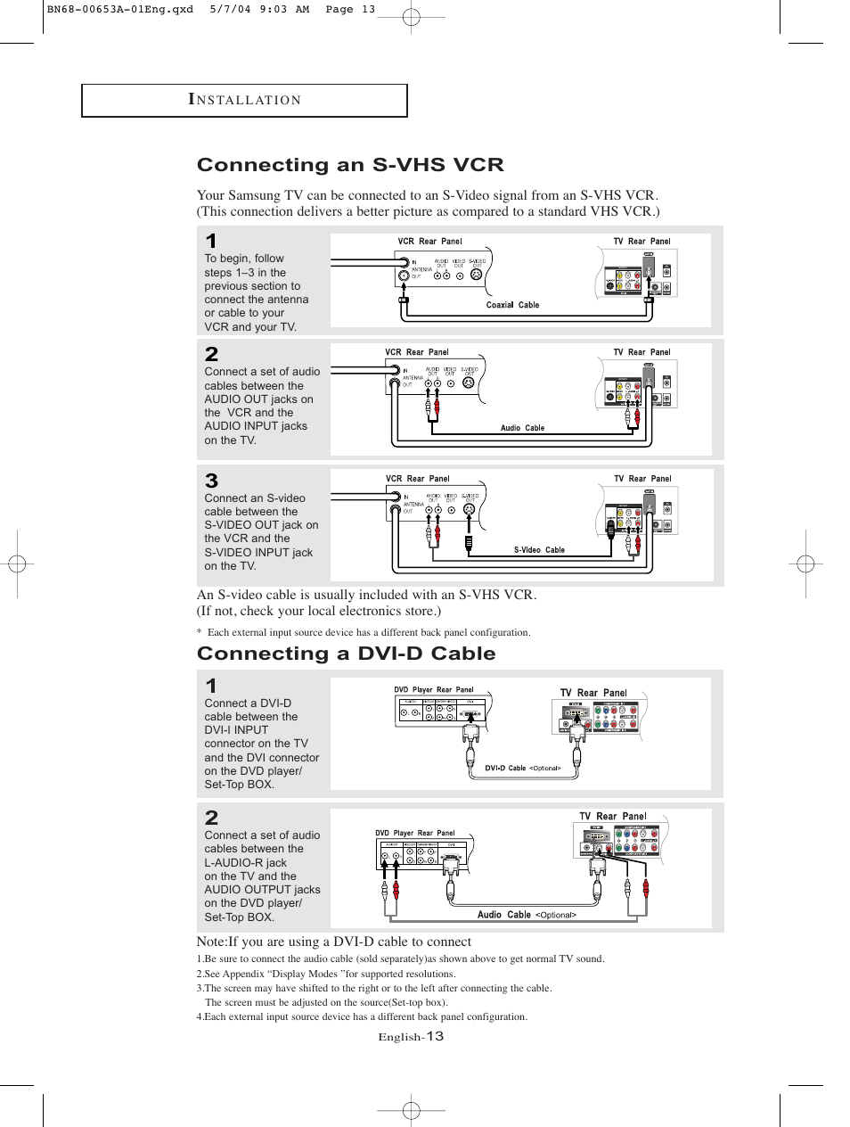 Connecting an s-vhs vcr, Connecting a dvi-d cable | Samsung LTP326WX-XAC User Manual | Page 16 / 90