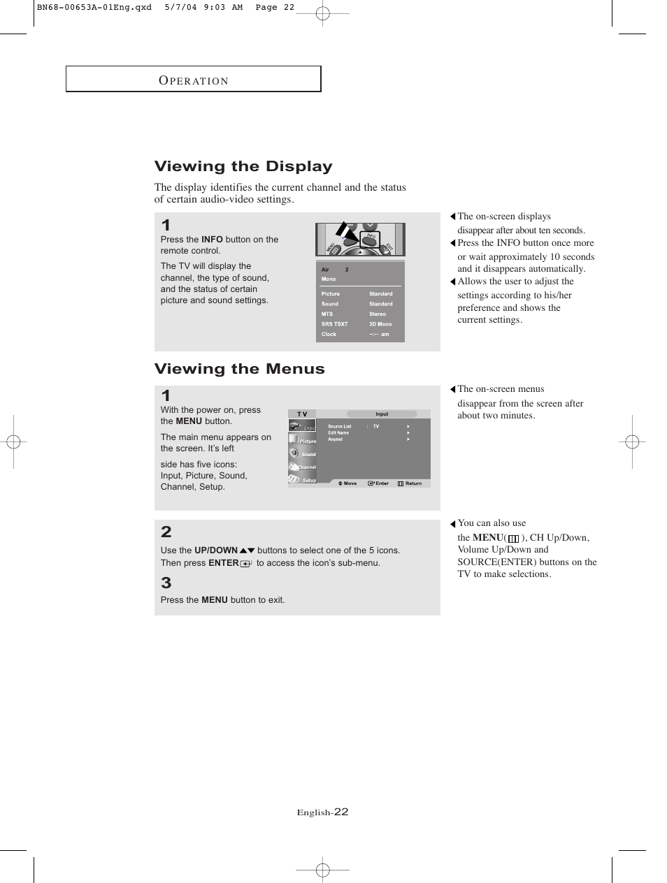 Viewing the display, Viewing the menus | Samsung LTP326WX-XAC User Manual | Page 25 / 90