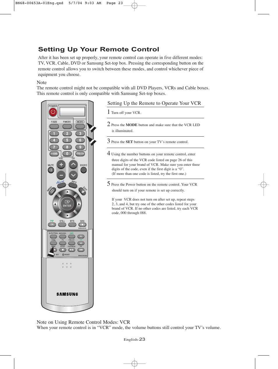 Setting up your remote control | Samsung LTP326WX-XAC User Manual | Page 26 / 90