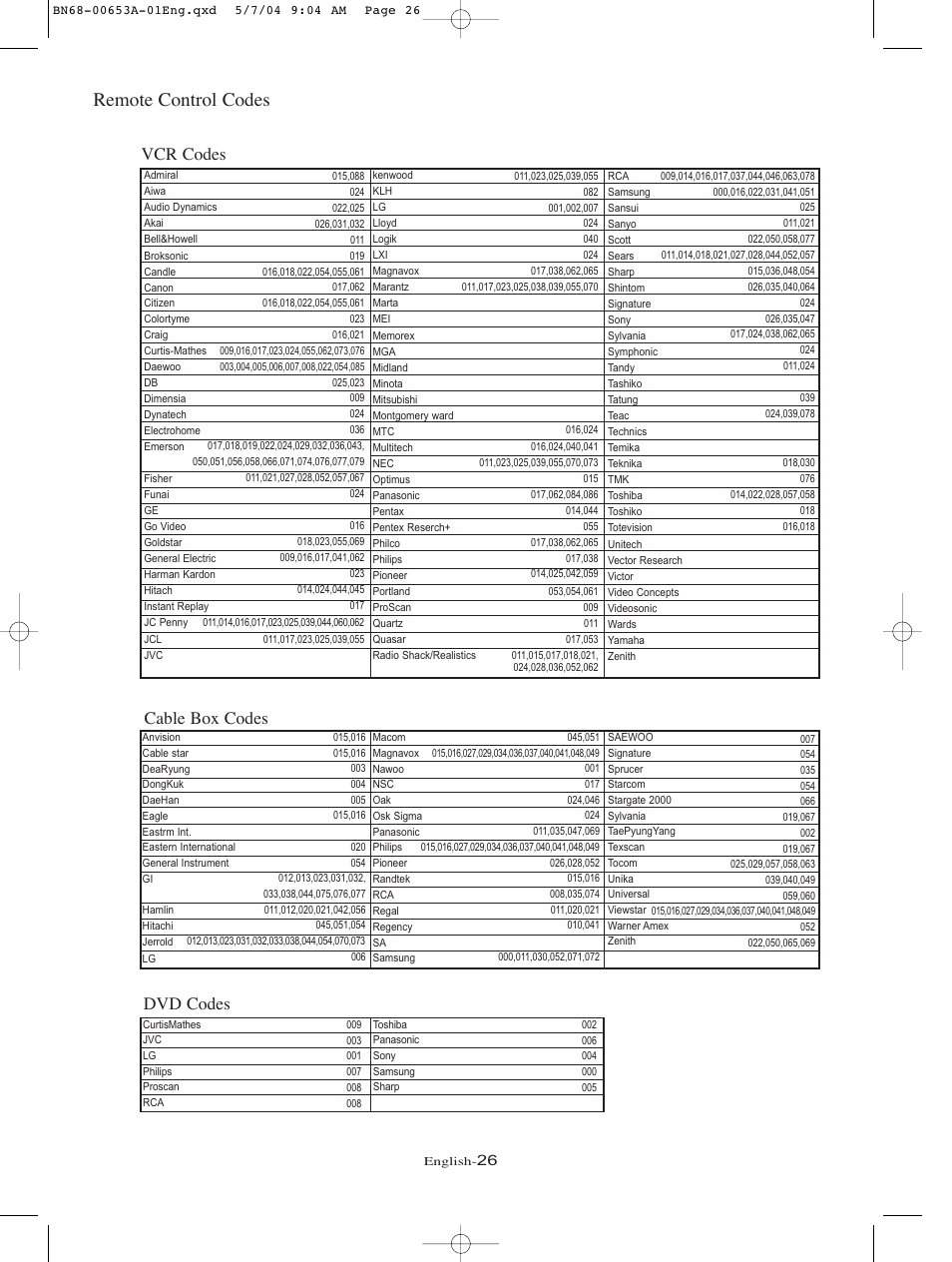 Remote control codes, Vcr codes cable box codes dvd codes | Samsung LTP326WX-XAC User Manual | Page 29 / 90