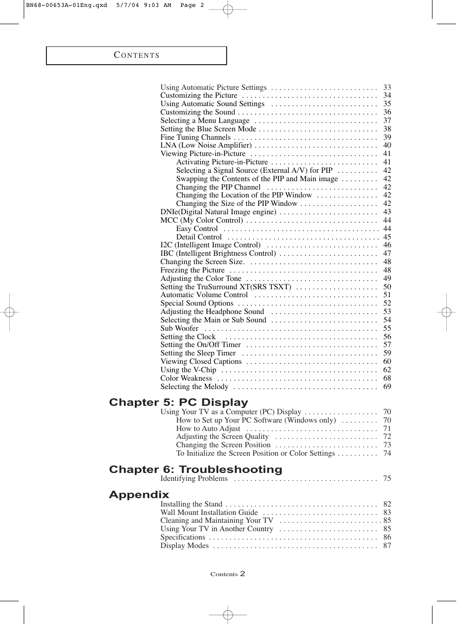 Chapter 5: pc display, Chapter 6: troubleshooting, Appendix | Samsung LTP326WX-XAC User Manual | Page 3 / 90