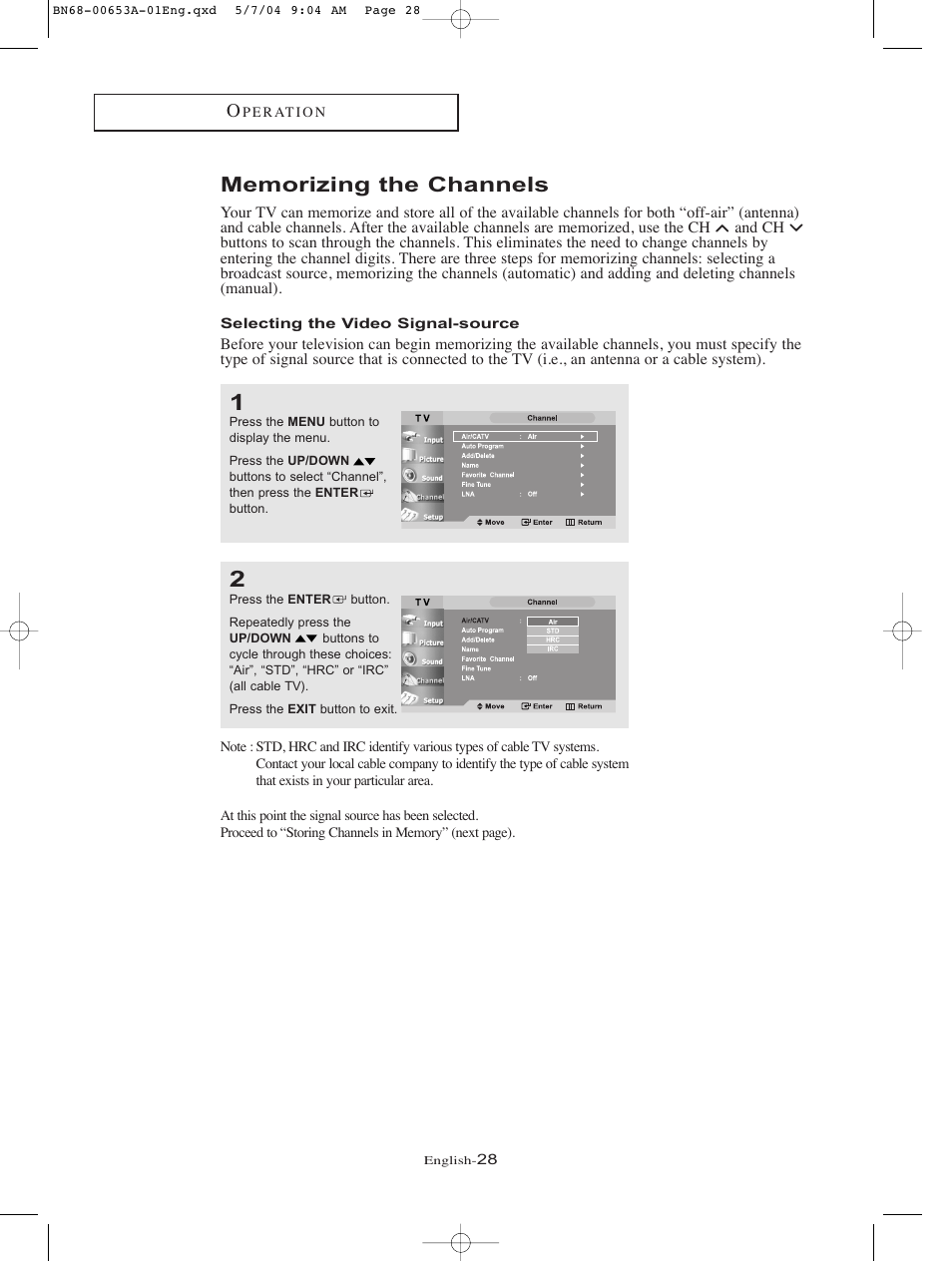 Memorizing the channels, Selecting the video signal-source | Samsung LTP326WX-XAC User Manual | Page 31 / 90