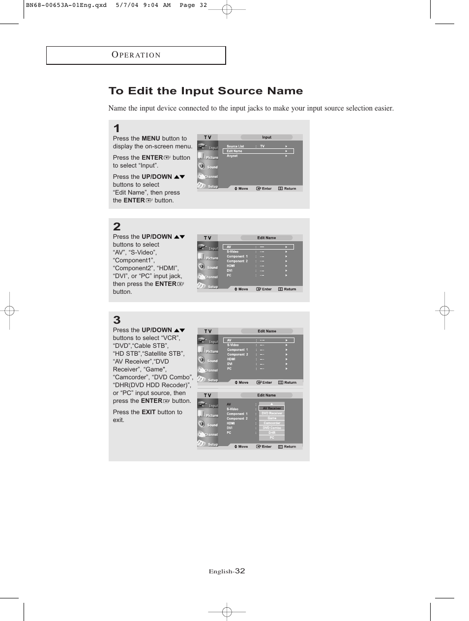 To edit the input source name | Samsung LTP326WX-XAC User Manual | Page 35 / 90