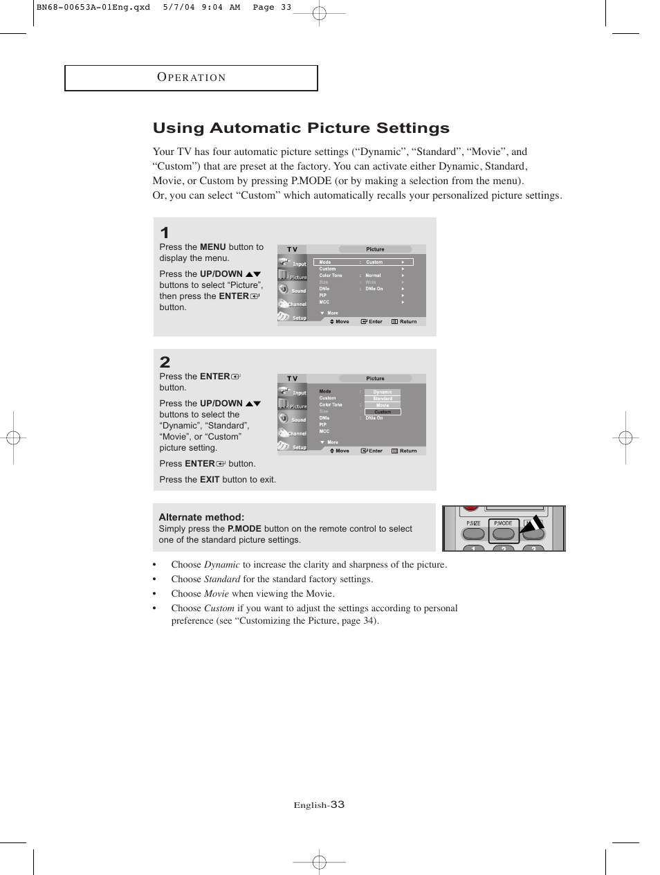 Using automatic picture settings | Samsung LTP326WX-XAC User Manual | Page 36 / 90