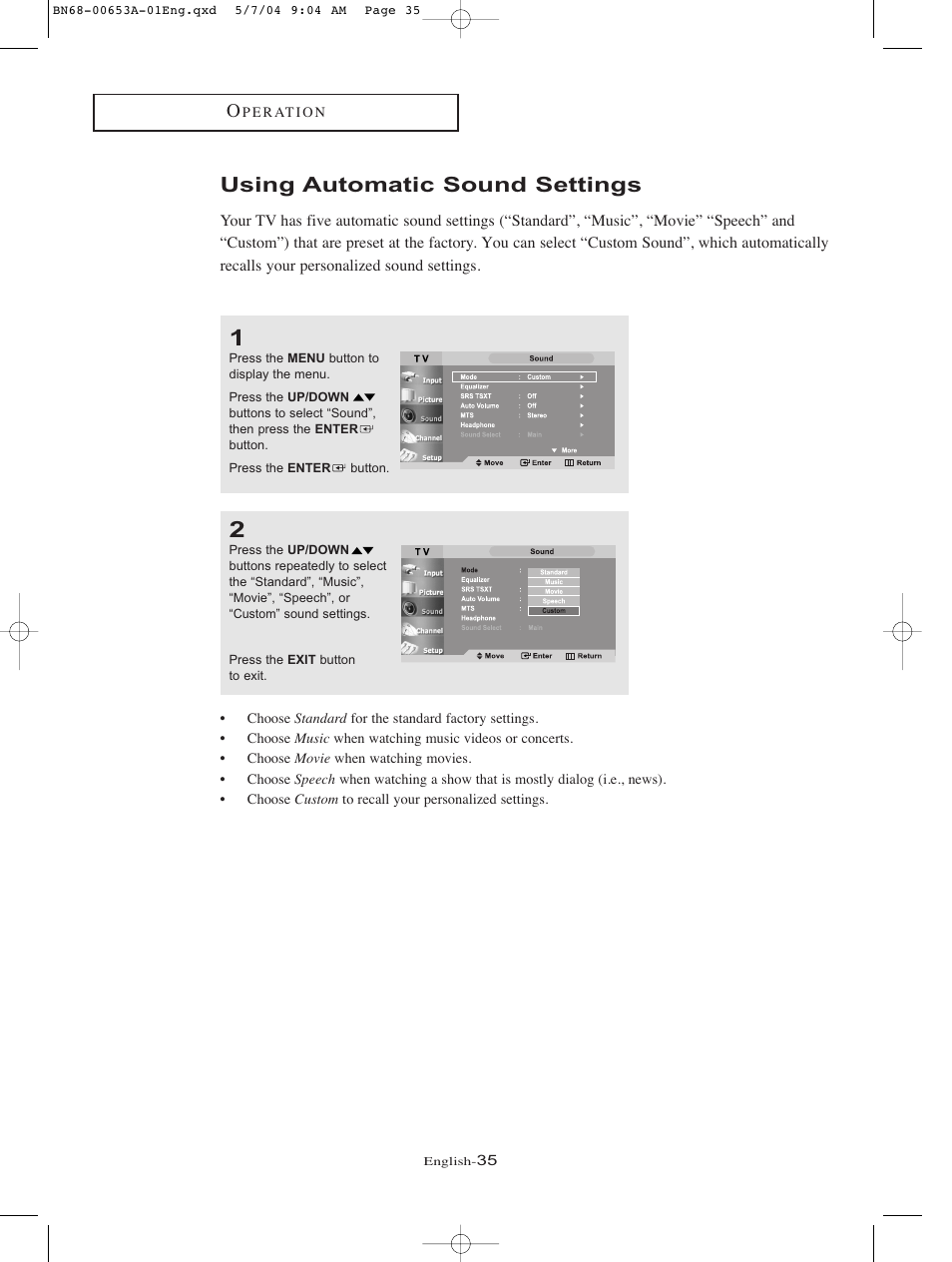 Using automatic sound settings | Samsung LTP326WX-XAC User Manual | Page 38 / 90