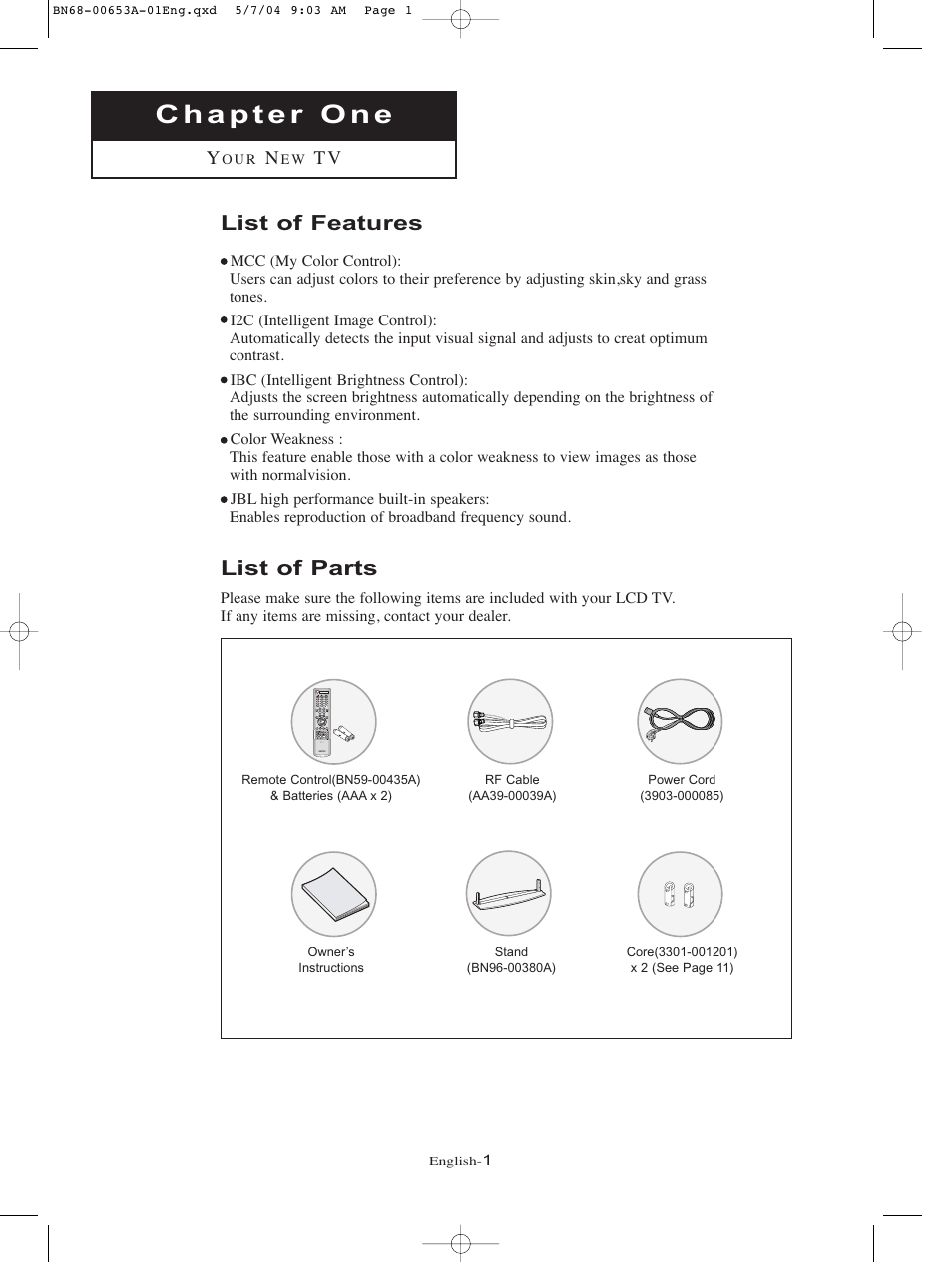 Your new tv, List of features, List of parts | Samsung LTP326WX-XAC User Manual | Page 4 / 90
