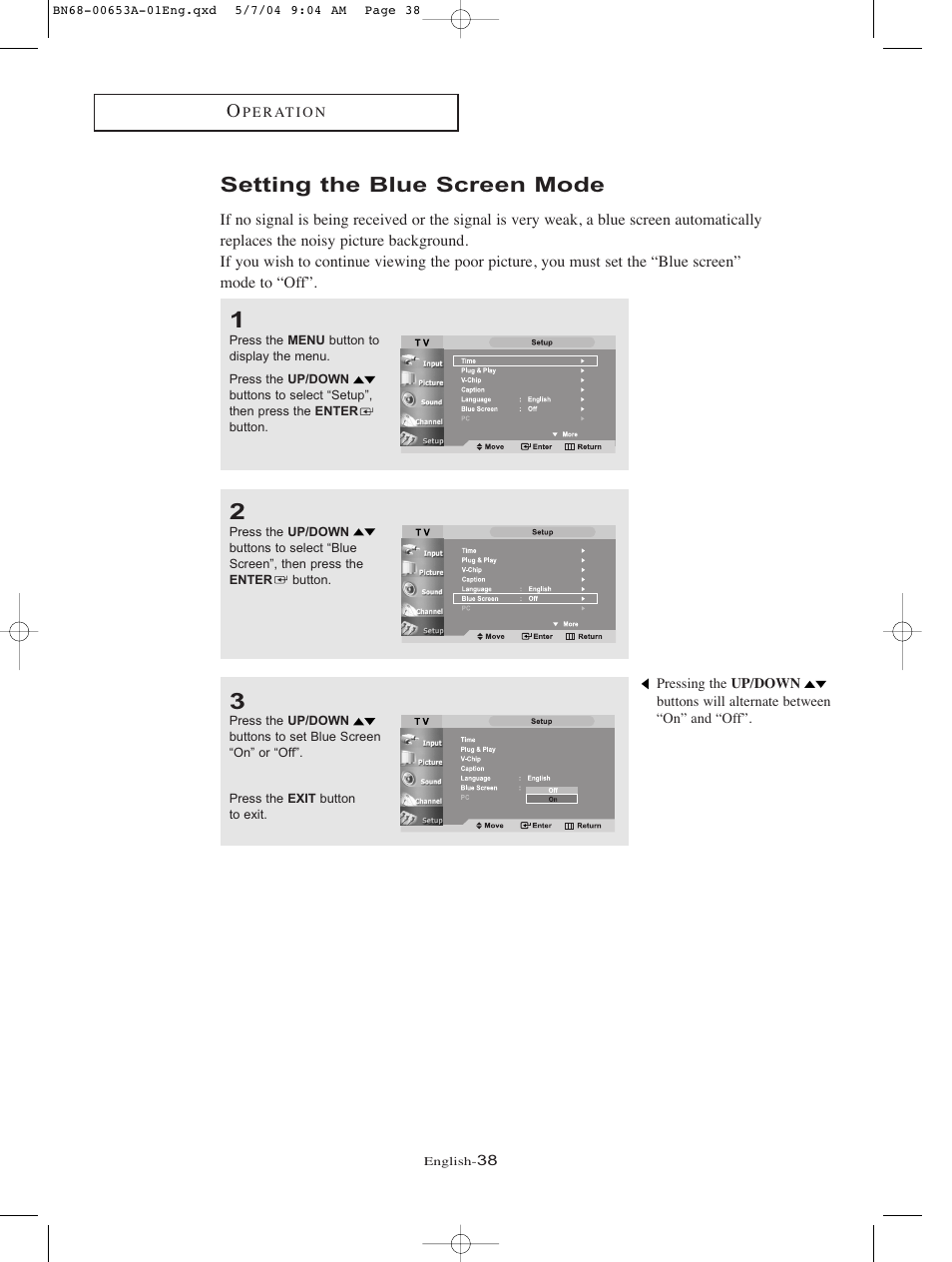 Setting the blue screen mode | Samsung LTP326WX-XAC User Manual | Page 41 / 90