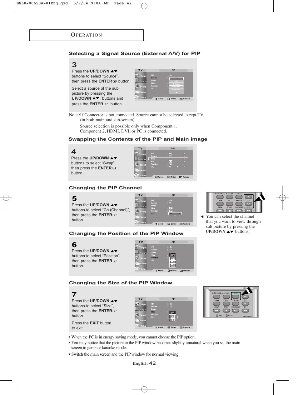 Selecting a signal source (external a/v) for pip, Swapping the contents of the pip and main image, Changing the pip channel | Changing the position of the pip window, Changing the size of the pip window | Samsung LTP326WX-XAC User Manual | Page 45 / 90