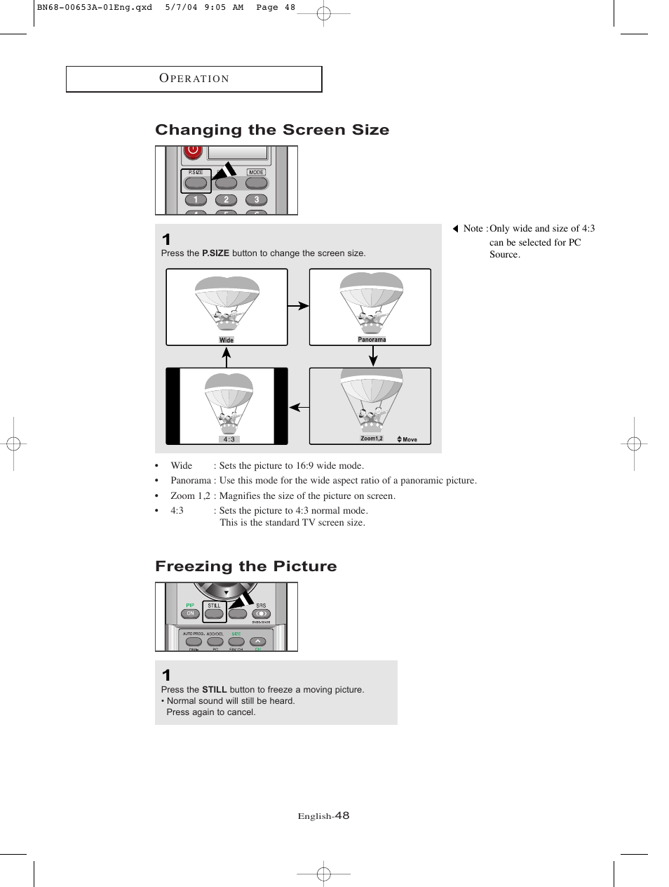Changing the screen size, Freezing the picture | Samsung LTP326WX-XAC User Manual | Page 51 / 90