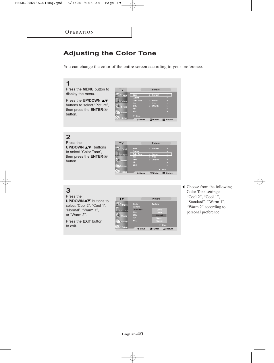 Adjusting the color tone | Samsung LTP326WX-XAC User Manual | Page 52 / 90