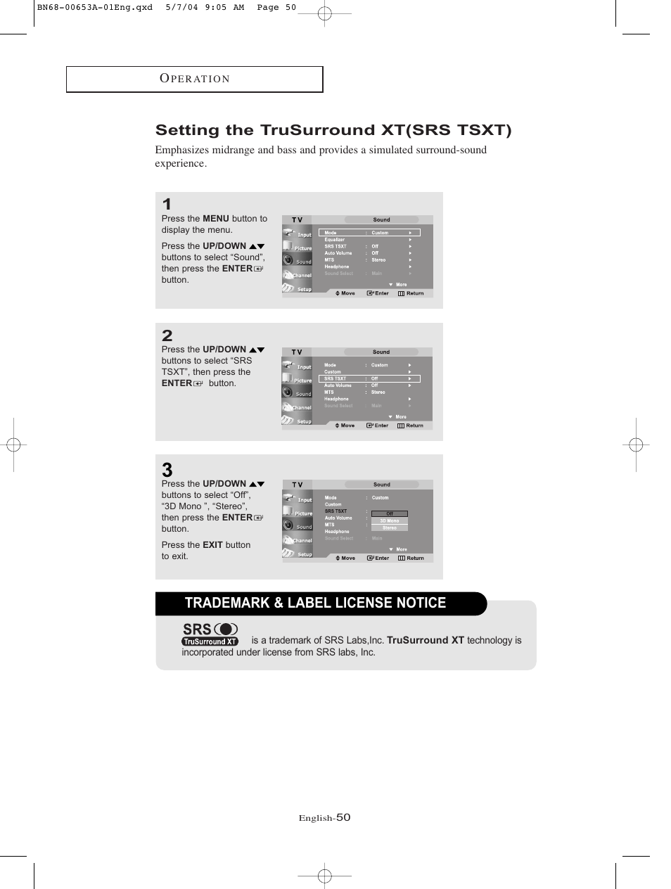 Setting the trusurround xt(srs tsxt), Trademark & label license notice | Samsung LTP326WX-XAC User Manual | Page 53 / 90