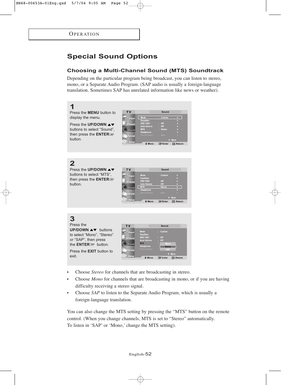 Special sound options | Samsung LTP326WX-XAC User Manual | Page 55 / 90