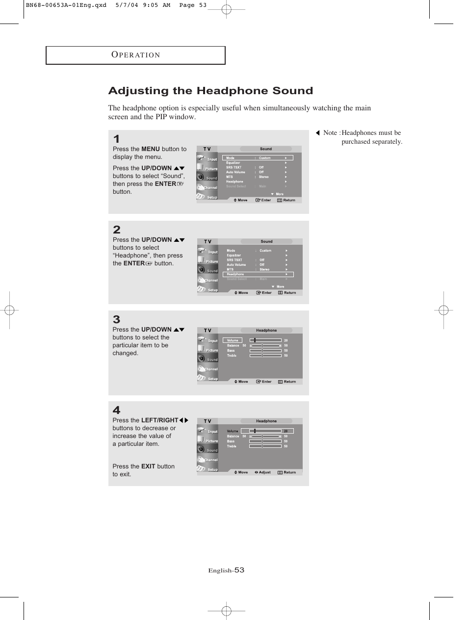 Adjusting the headphone sound | Samsung LTP326WX-XAC User Manual | Page 56 / 90