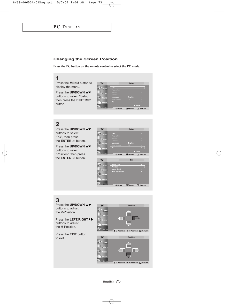 Changing the screen position, P c d | Samsung LTP326WX-XAC User Manual | Page 76 / 90