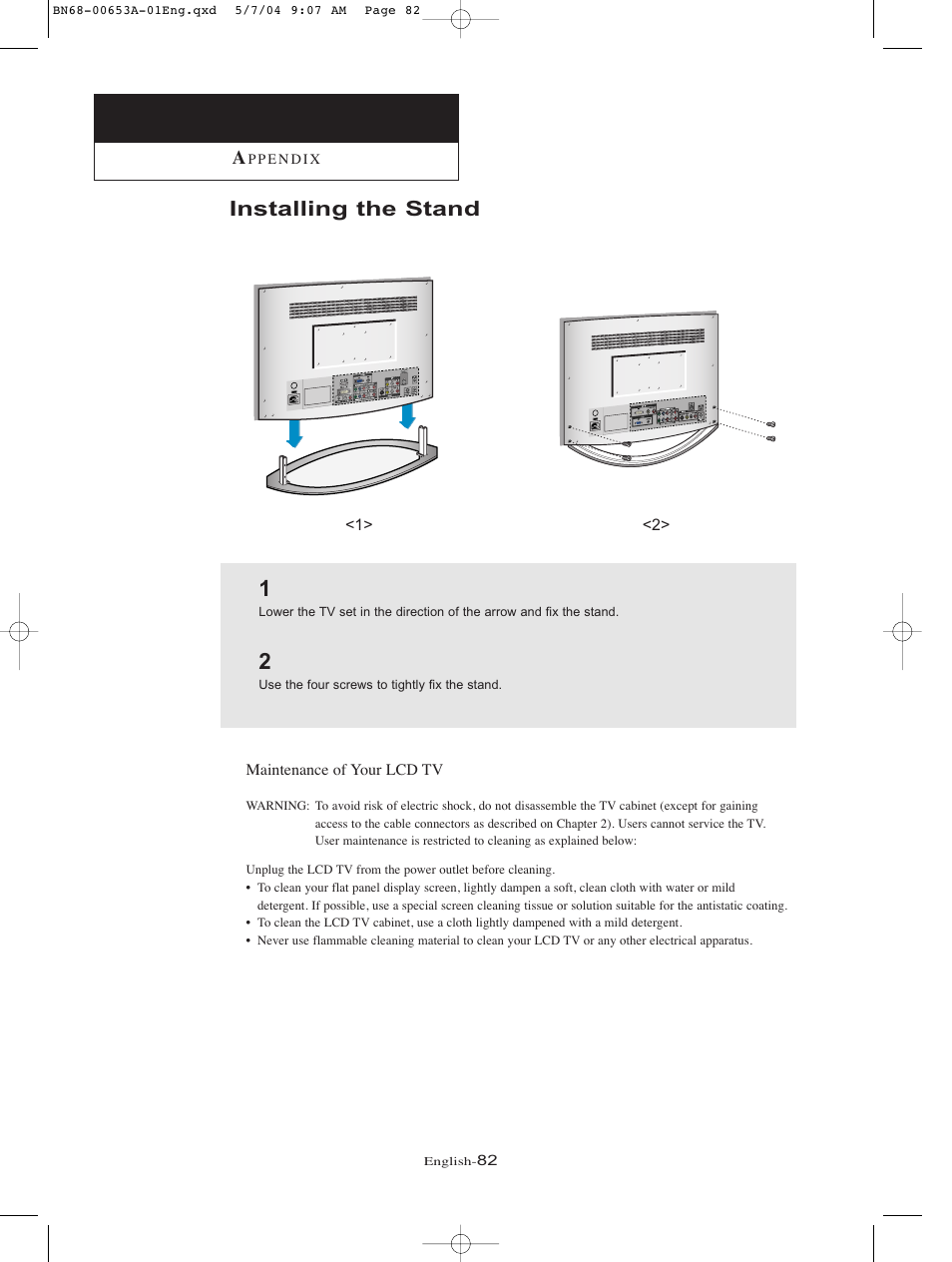Appendix, Installing the stand | Samsung LTP326WX-XAC User Manual | Page 85 / 90