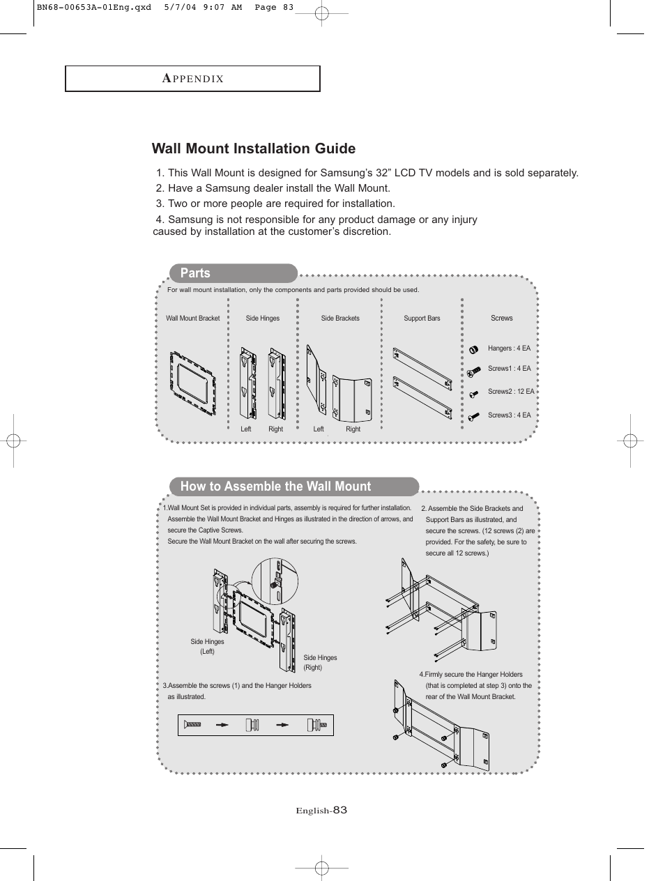 Wall mount installation guide, Parts how to assemble the wall mount | Samsung LTP326WX-XAC User Manual | Page 86 / 90