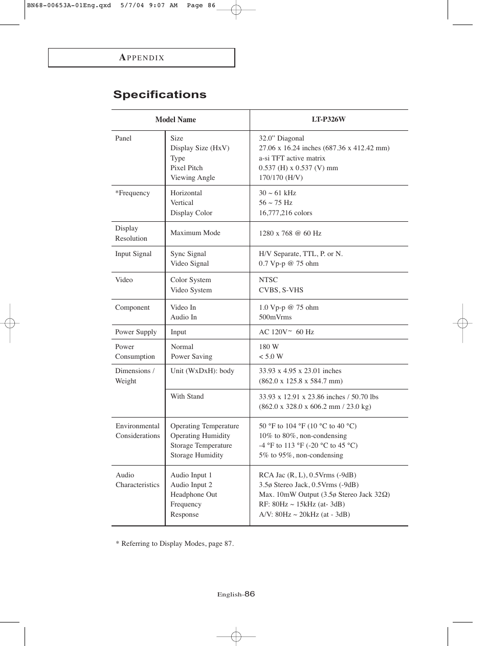 Specifications | Samsung LTP326WX-XAC User Manual | Page 89 / 90