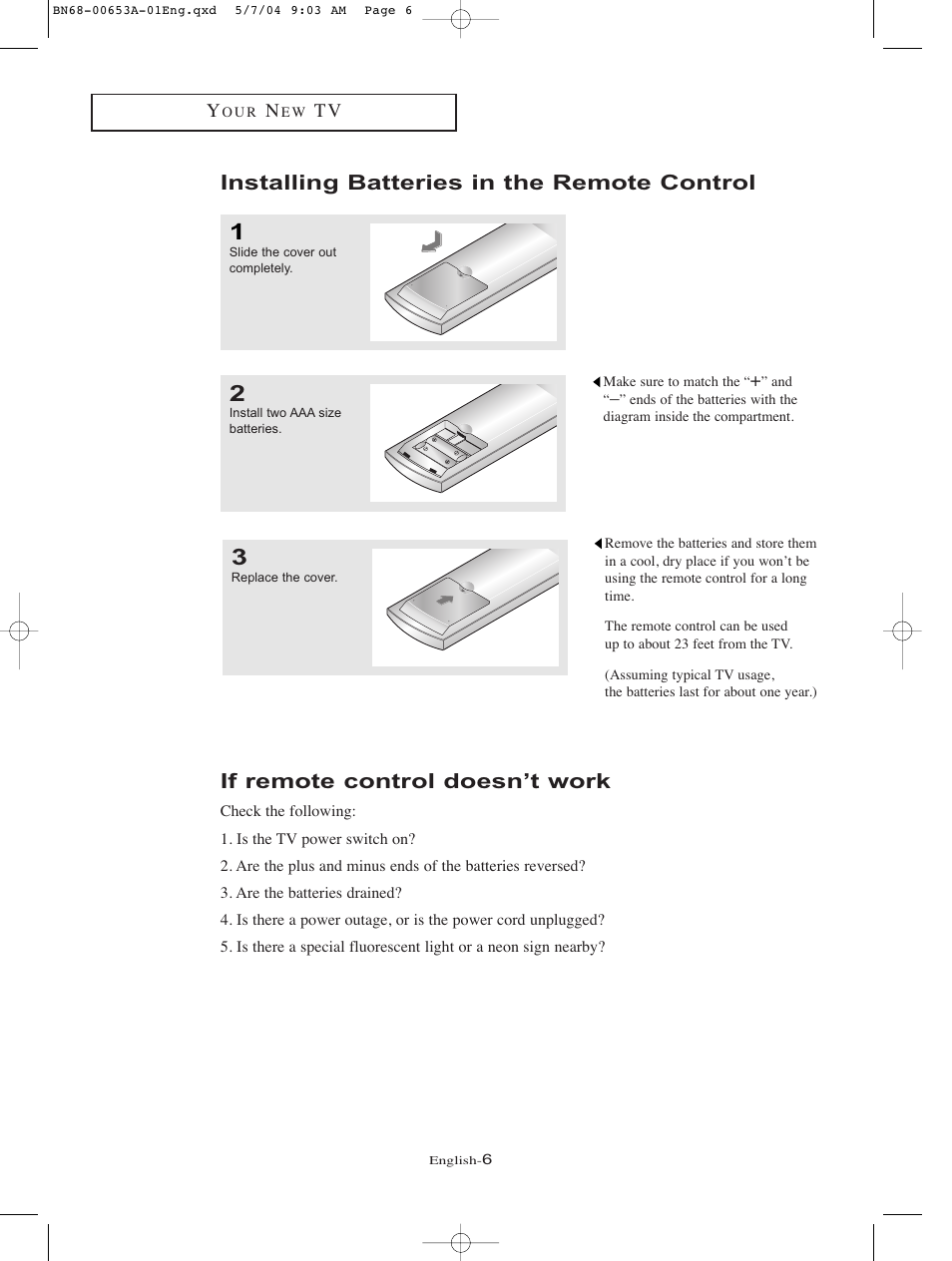 Installing batteries in the remote control, If remote control doesn’t work | Samsung LTP326WX-XAC User Manual | Page 9 / 90