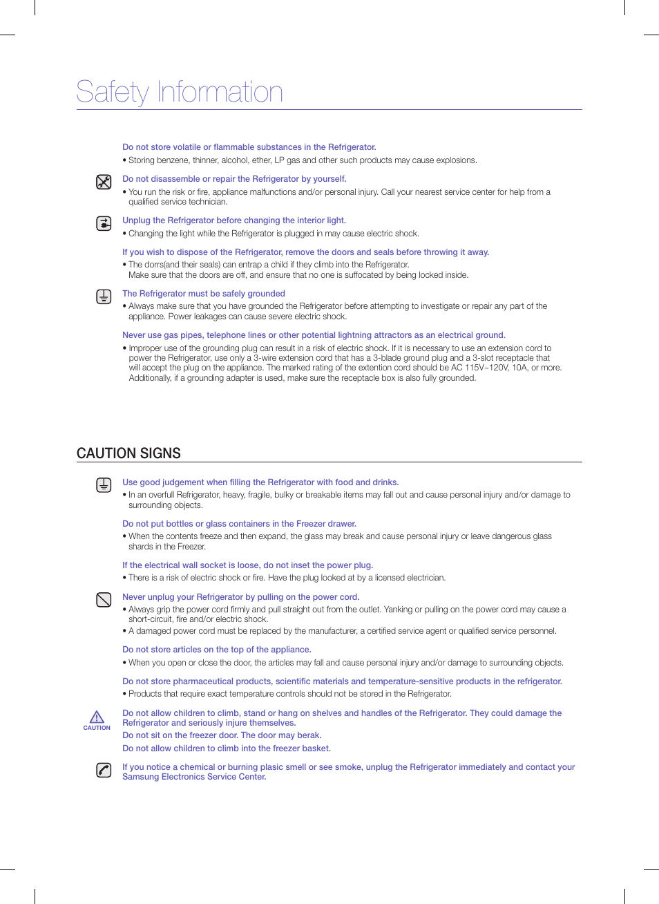 Safety information, Caution signs | Samsung RFG297AARS-XAA User Manual | Page 3 / 7