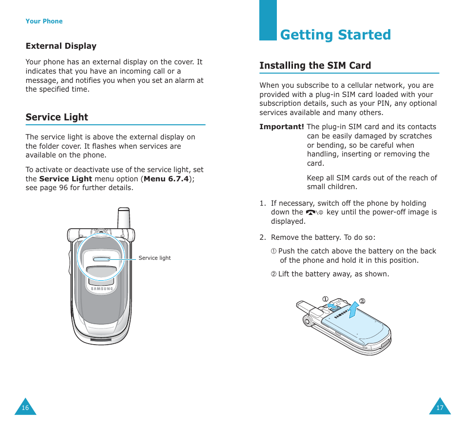 Getting started, Service light, Installing the sim card | Samsung SGH-P107BSACIN User Manual | Page 10 / 79