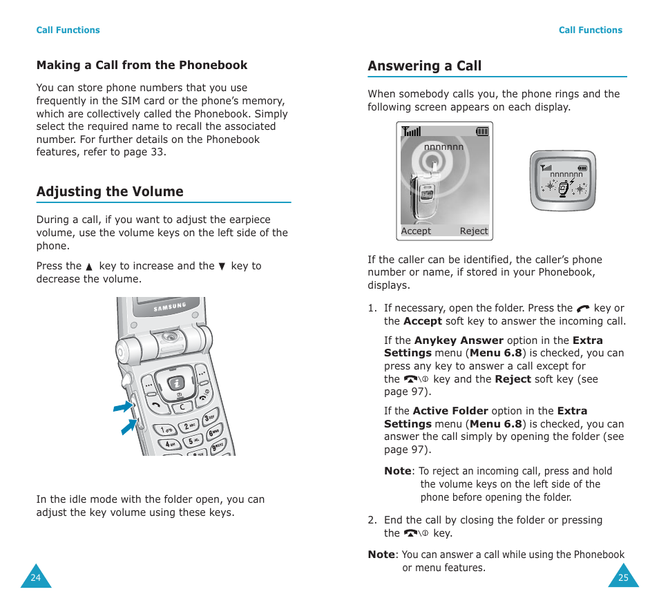 Adjusting the volume, Answering a call | Samsung SGH-P107BSACIN User Manual | Page 14 / 79