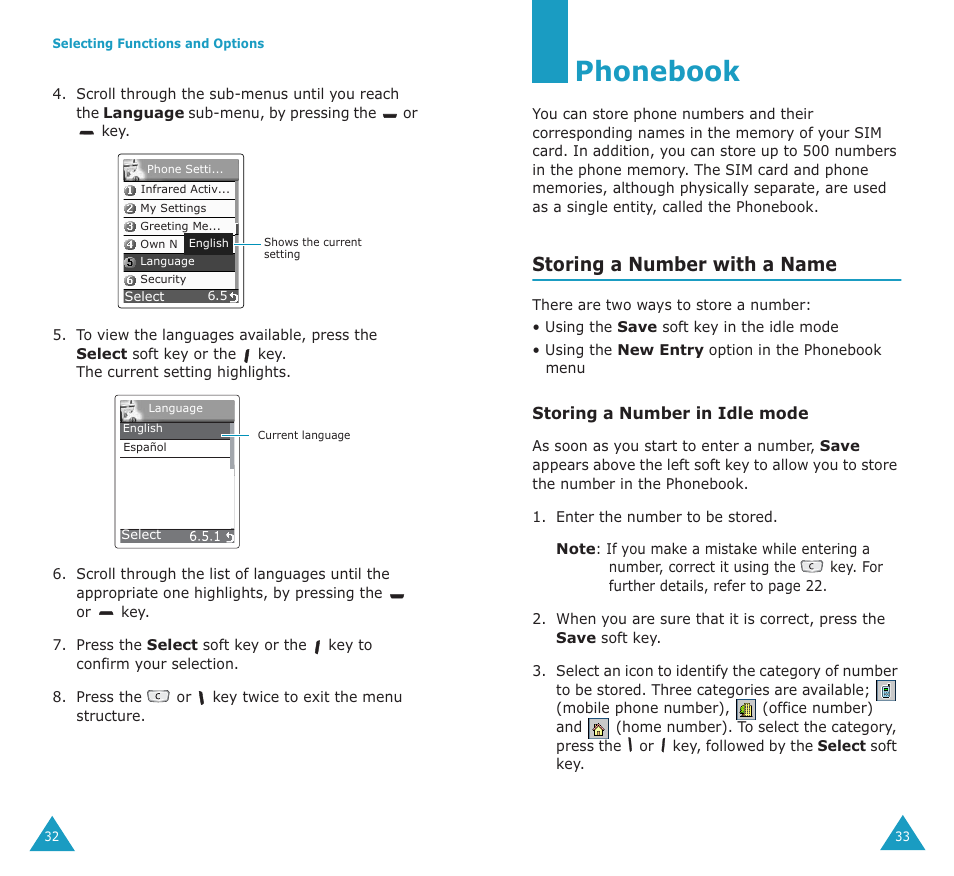 Phonebook, Storing a number with a name | Samsung SGH-P107BSACIN User Manual | Page 18 / 79