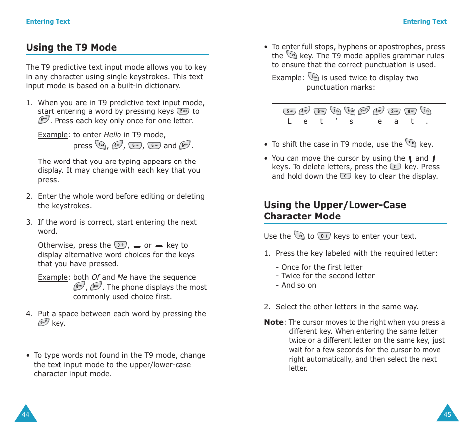 Using the t9 mode, Using the upper/lower-case character mode | Samsung SGH-P107BSACIN User Manual | Page 24 / 79