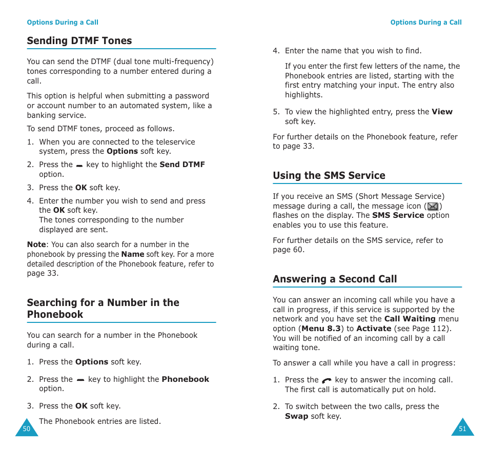 Sending dtmf tones, Searching for a number in the phonebook, Using the sms service | Answering a second call | Samsung SGH-P107BSACIN User Manual | Page 27 / 79