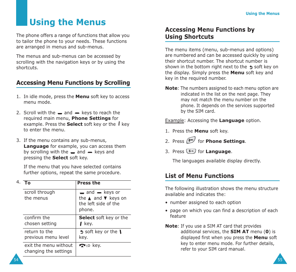 Using the menus, Accessing menu functions by scrolling, Accessing menu functions by using shortcuts | List of menu functions | Samsung SGH-P107BSACIN User Manual | Page 29 / 79