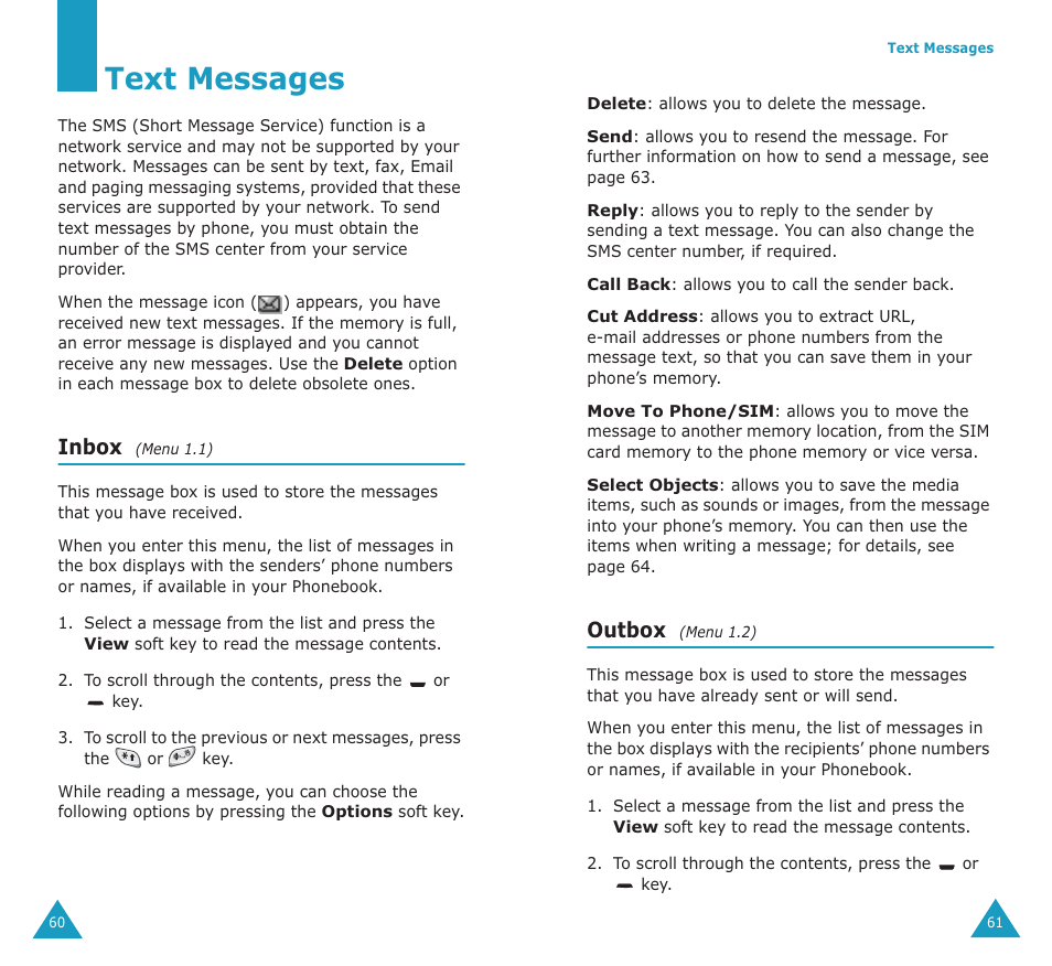 Text messages, Inbox, Outbox | Samsung SGH-P107BSACIN User Manual | Page 32 / 79