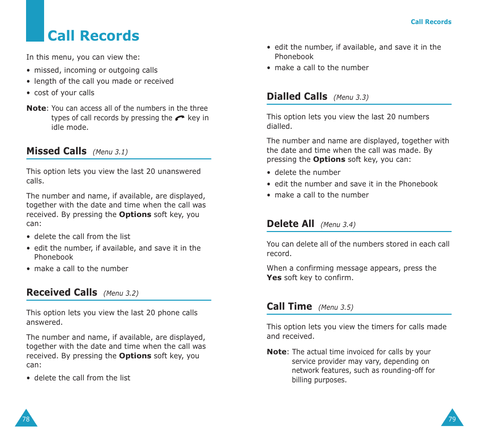 Call records, Missed calls, Received calls | Dialled calls, Delete all, Call time | Samsung SGH-P107BSACIN User Manual | Page 41 / 79