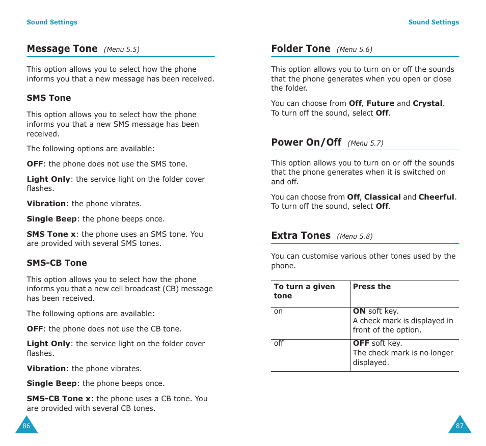 Message tone, Folder tone, Power on/off | Extra tones | Samsung SGH-P107BSACIN User Manual | Page 45 / 79