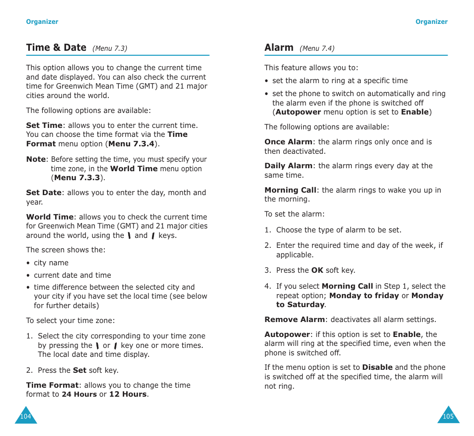 Time & date, Alarm | Samsung SGH-P107BSACIN User Manual | Page 55 / 79