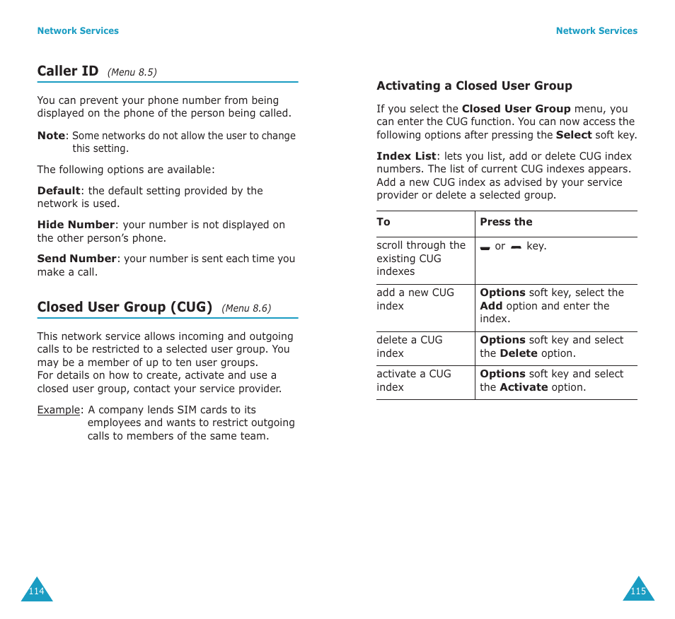 Caller id, Closed user group (cug) | Samsung SGH-P107BSACIN User Manual | Page 60 / 79