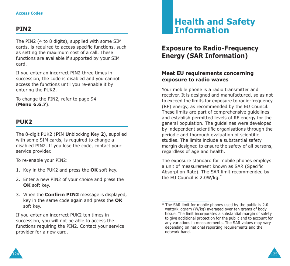 Health and safety information, Pin2, Puk2 | Samsung SGH-P107BSACIN User Manual | Page 65 / 79