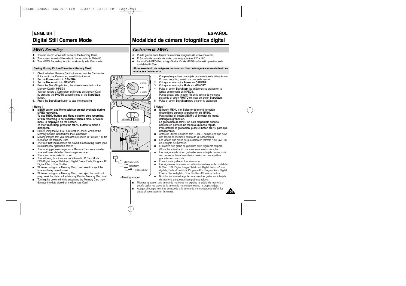 Mpeg recording, Grabación de mpeg | Samsung SC-D453-XAP User Manual | Page 101 / 119