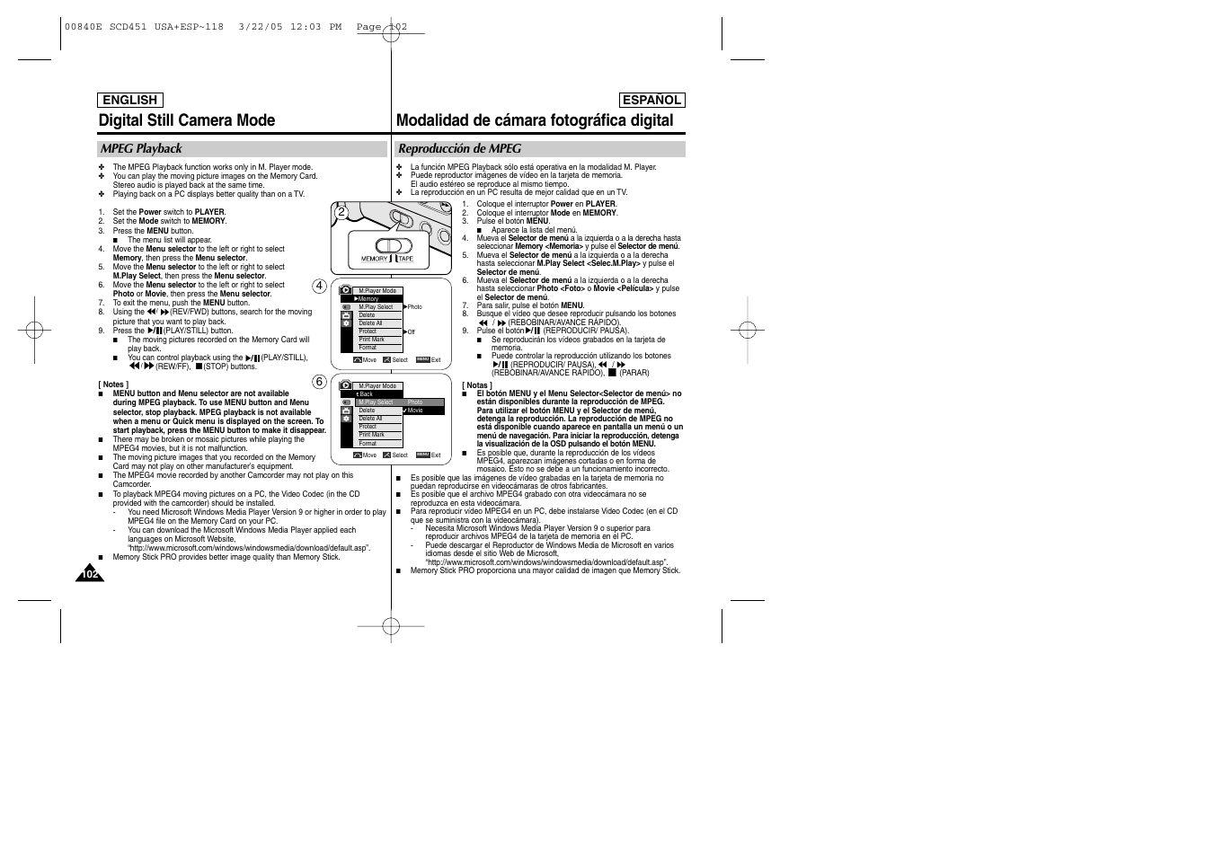 Mpeg playback, Reproducción de mpeg | Samsung SC-D453-XAP User Manual | Page 102 / 119