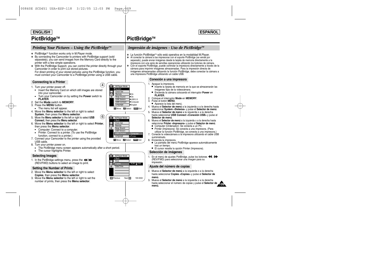 Pictbridge, Printing your pictures – using the pictbridge, Impresión de imágenes - uso de pictbridge | Samsung SC-D453-XAP User Manual | Page 109 / 119