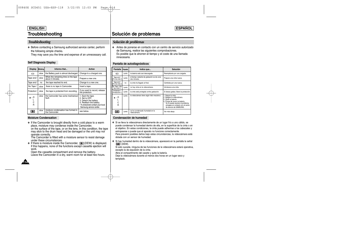 Troubleshooting solución de problemas, Solución de problemas, Troubleshooting | Samsung SC-D453-XAP User Manual | Page 114 / 119