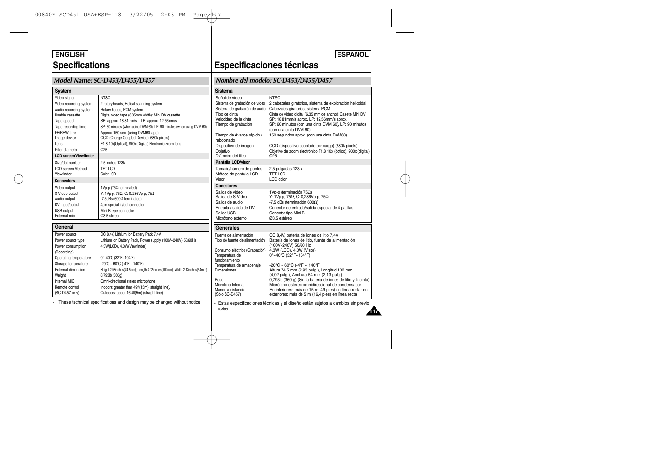 Specifications especificaciones técnicas | Samsung SC-D453-XAP User Manual | Page 117 / 119