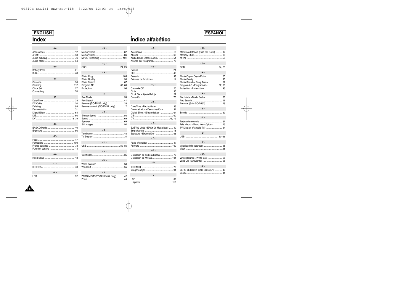 Index índice alfabético | Samsung SC-D453-XAP User Manual | Page 118 / 119