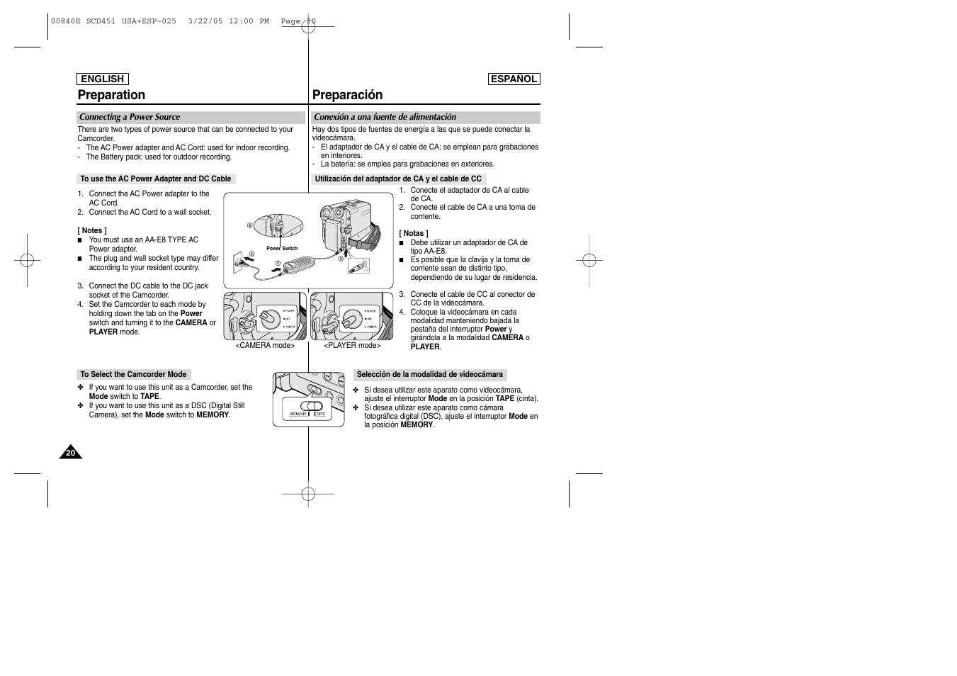 Preparation preparación | Samsung SC-D453-XAP User Manual | Page 20 / 119