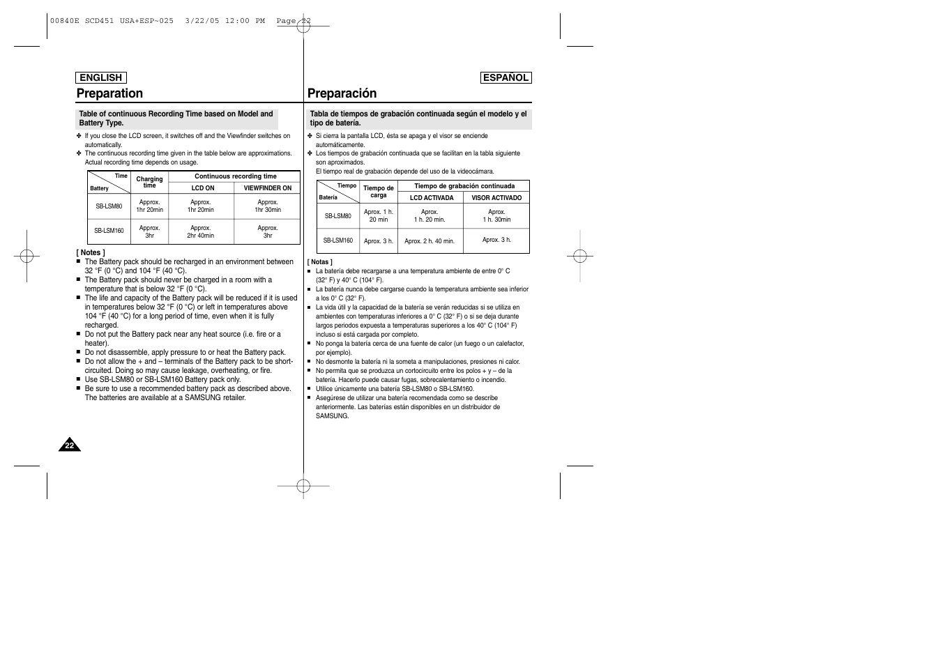 Preparation, Preparación | Samsung SC-D453-XAP User Manual | Page 22 / 119