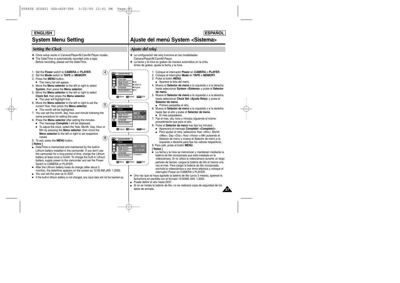 System menu setting, Ajuste del menú system <sistema, Setting the clock | Ajuste del reloj | Samsung SC-D453-XAP User Manual | Page 27 / 119